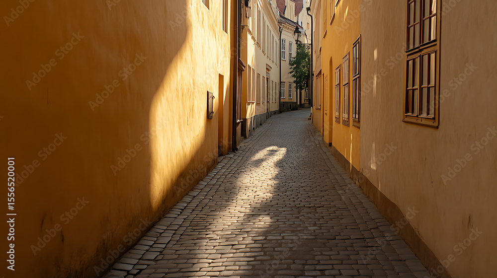 Fototapeta premium Cobblestone lane in a historic city, bathed in warm sunlight. Traditional architecture, old world charm, creates a picturesque urban scene.