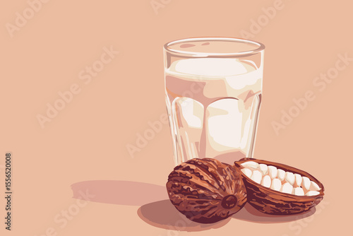 Vector illustration of cacao water in a glass and half of cacao fruit with palm leaves on a peach backdrop