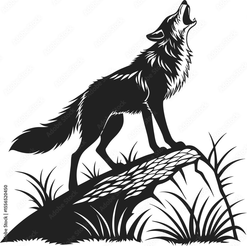 Obraz premium wolf howling silhouette A black silhouette of a wolf howling on a rock Set of wolf silhouettes. Wolf silhouette isolated.