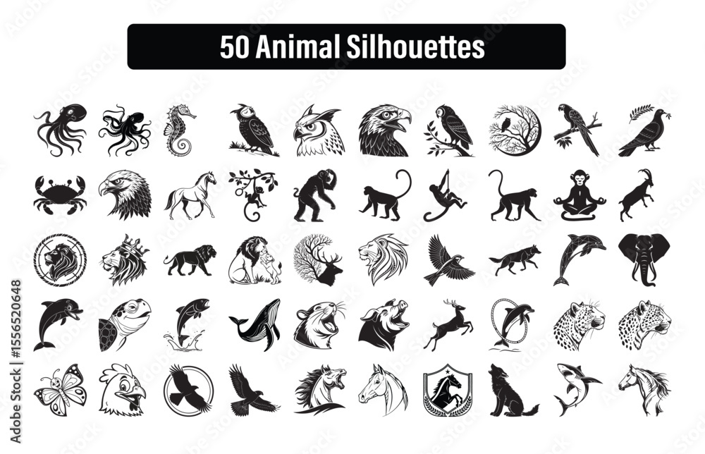 Obraz premium Vector Pack of 50 Animal Silhouettes Monkeys Birds Sea Creatures Wild and Domestic Animals