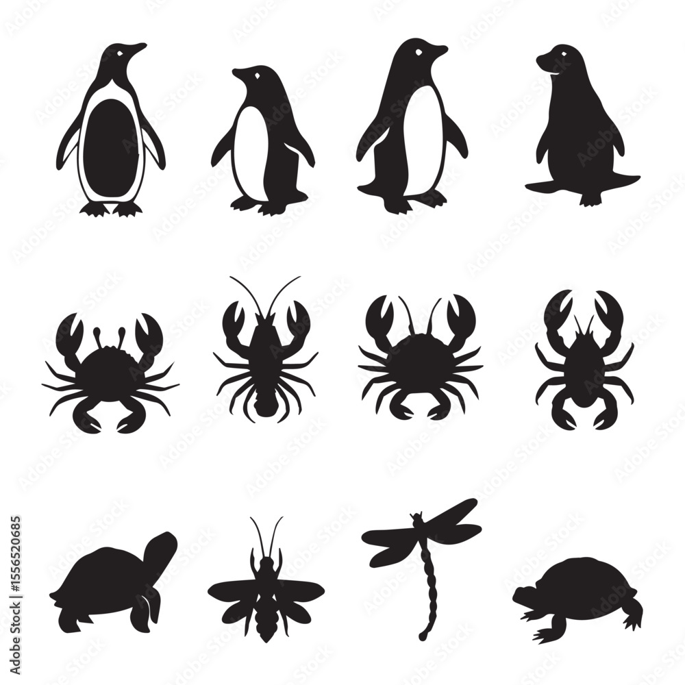 Naklejka premium Silhouetted penguins crabs and other sea creatures isolated on white background