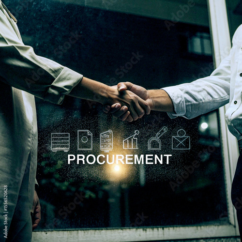 Business partners shaking hands symbolizing successful procurement and partnership with digital icons and glowing lights