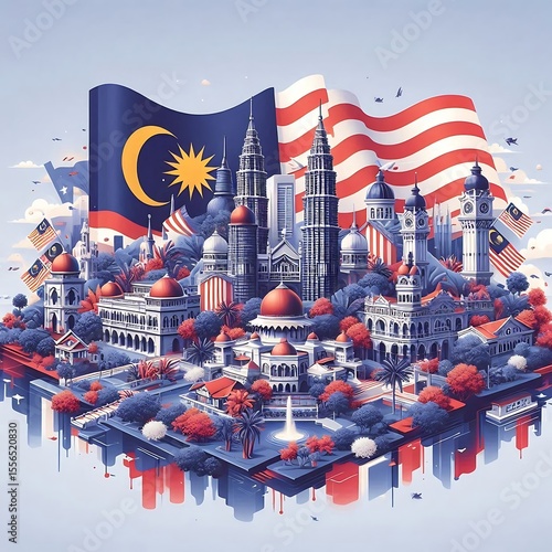 Majestic malaysian cityscape showcasing national pride with vibrant flag and iconic architecture