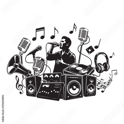 Black and white music composition with singer microphones speakers and musical notes