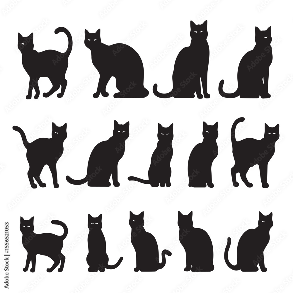 Black cat silhouettes in various poses isolated on white background Black cat silhouettes in various poses isolated on white background