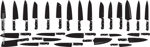 A collection of various kitchen knives shown in black silhouette against a white background display of tools