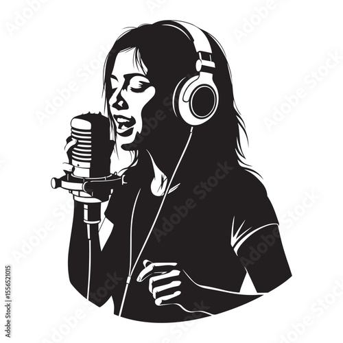 Female singer with headphones performing into microphone vector illustration