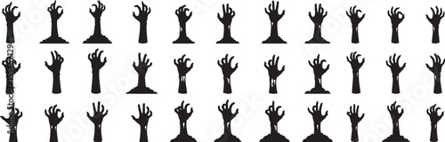 A collection of black and white zombie hand silhouettes reaching up from the ground in various positions