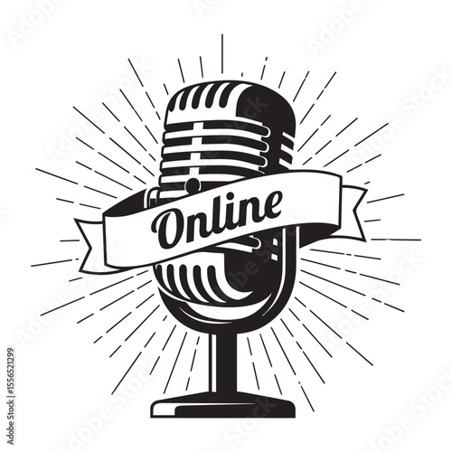 Vintage microphone with online banner vector illustration isolated on white background