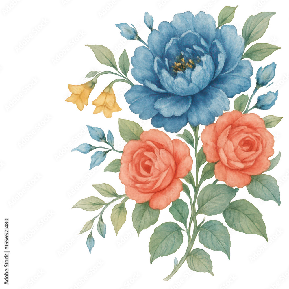 Fototapeta premium Watercolor floral arrangement with blue and coral roses isolated on transparent background