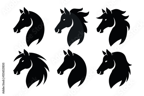 horse head silhouette vector bundle – 6 unique black horse profiles for logo, tattoo, and print design