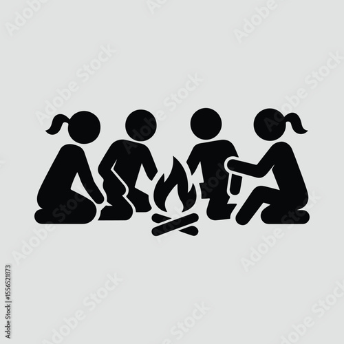 Silhouette group of children camping around campfire vector illustration