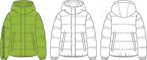Stylish Puffer Jacket Flat Sketch Template with Hood for Winter Apparel Design, Outerwear Mockups, Fashion Illustration, and Technical Drawings.
