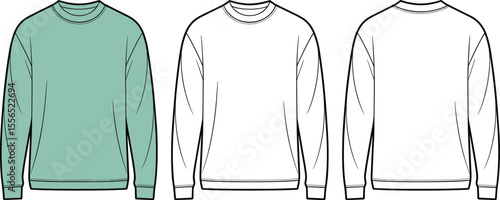 Classic Unisex Crew Neck Sweatshirt Flat Sketch Template for Apparel Design, Casual Wear Mockups, Fashion Illustration, and Clothing Technical Drawings.
