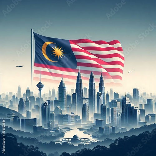 Majestic malaysian flag waves over kuala lumpur skyline at dawn