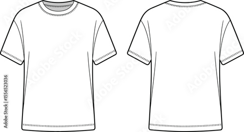 Basic Crew Neck T-Shirt Flat Sketch Template for Apparel Design, Casual Wear Mockups, Fashion Illustration, and Clothing Technical Drawings.