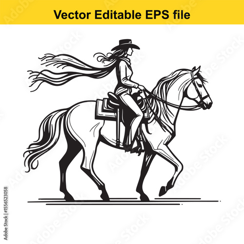 Silhouette of a Cowgirl Riding a Horse in a Classic Western Style Monochrome Art Piece Depicting Adventure