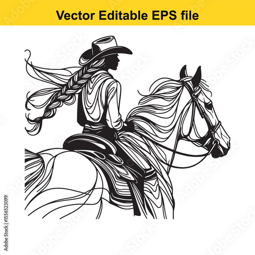 Silhouette of a Cowgirl Riding a Horse in a Classic Western Style Monochrome Art Piece Depicting Adventure