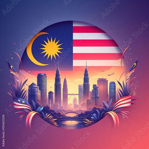 Vibrant malaysian cityscape with flag and national symbols in a circular frame