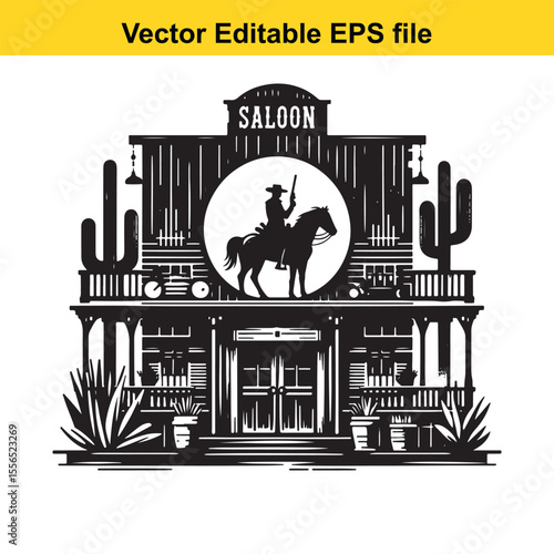 Classic Silhouette of a Western Saloon with Cowboy on Horse and Desert Flora Illustration