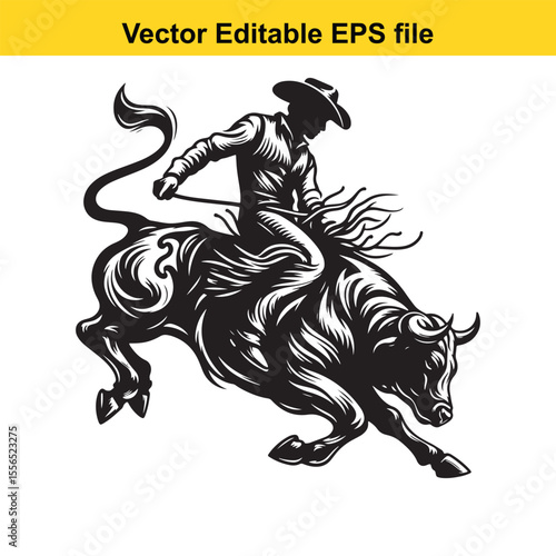 Dynamic Rodeo Illustration Cowboy Astride a Bucking Bull Capturing the Thrill and Energy of the Western Sport