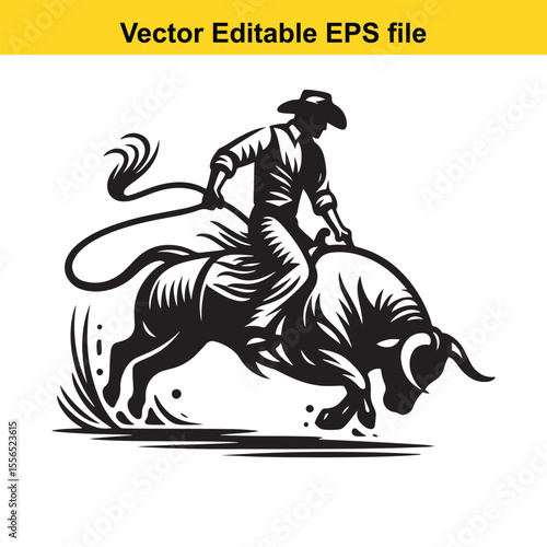 Dynamic Rodeo Illustration Cowboy Astride a Bucking Bull Capturing the Thrill and Energy of the Western Sport