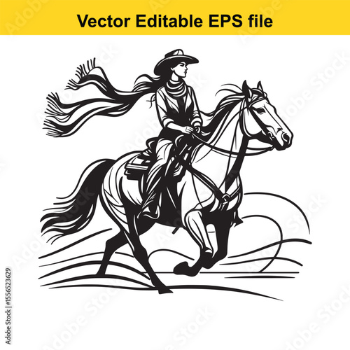 Silhouette of a Cowgirl Riding a Horse in a Classic Western Style Monochrome Art Piece Depicting Adventure