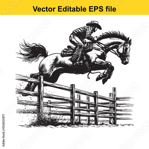 Cowboy on Horseback Leaping Over Fence Black and White Rodeo Illustration