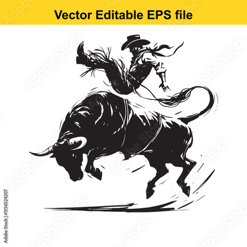 Dynamic Rodeo Illustration Cowboy Astride a Bucking Bull Capturing the Thrill and Energy of the Western Sport