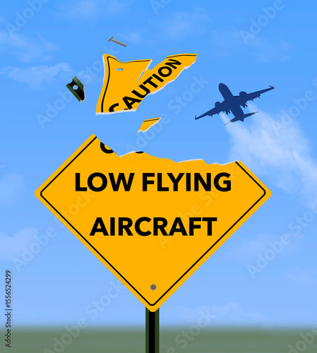 A low flying aircraft destroys a sign that says to be cautious and aware of low flying aircraft. This is a humorous 3-d illustration