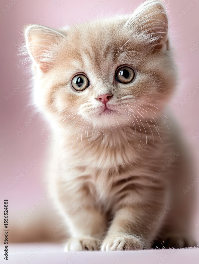 Little Scottish Fold kitten with folded ears gazing in wonder on a light purple background, gentle light emphasizing its rounded face and unique ear shape. Little Scottish Fold kitten with folded ears gazing in wonder on a light purple background, gentle light emphasizing its rounded face and unique ear shape.