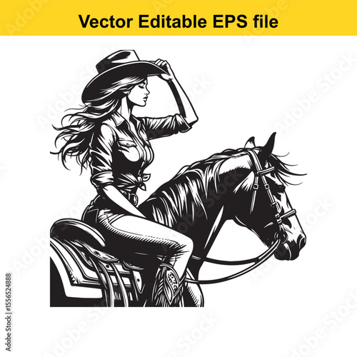Silhouette of a Cowgirl Riding a Horse in a Classic Western Style Monochrome Art Piece Depicting Adventure