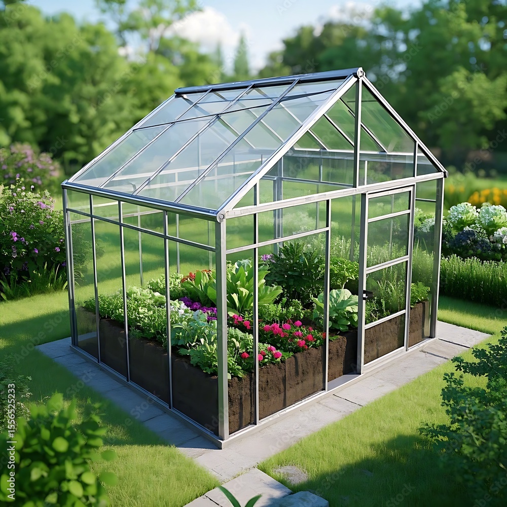 Fototapeta premium Stylish Grey Glass Greenhouse with Vibrant Garden Beds