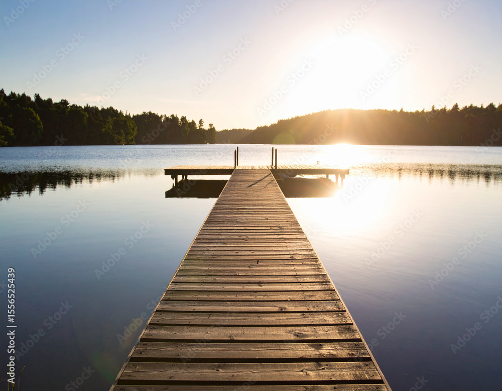 Obraz premium The sun-drenched surface of a calm, vast lake, with a single, small boat dock extending into the tranquil water.