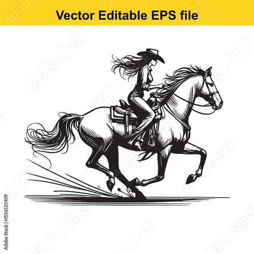 Silhouette of a Cowgirl Riding a Horse in a Classic Western Style Monochrome Art Piece Depicting Adventure