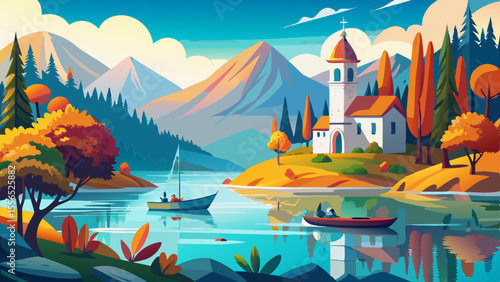 A serene lake surrounds a small island crowned by a white church tower. Wooden boats glide across the turquoise water, embraced by colorful autumn forests.

