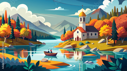 A serene lake surrounds a small island crowned by a white church tower. Wooden boats glide across the turquoise water, embraced by colorful autumn forests.

