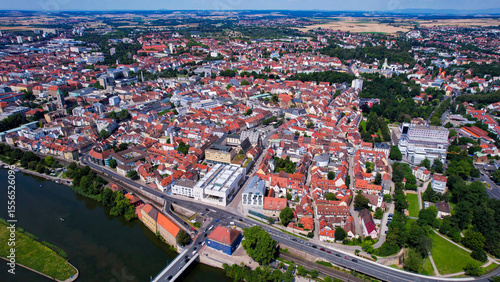 Aerial view around the old town in the city Schweinfurt on an sunny spring day in Germany