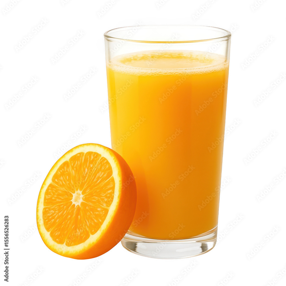 Glass of fresh orange juice with a citrus slice isolated on transparent background Glass of fresh orange juice with a citrus slice isolated on transparent background