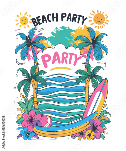 Modern vector illustration themed around a playful beach fun party t-shirt print, easily editable and scalable.