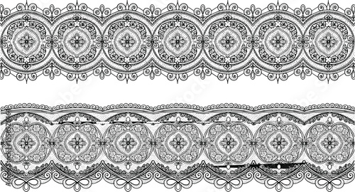 Ornamental lace floral border design, symmetrical black and white vector art, decorative circular motifs, vintage textile trim, elegant botanical illustration for craft patterns