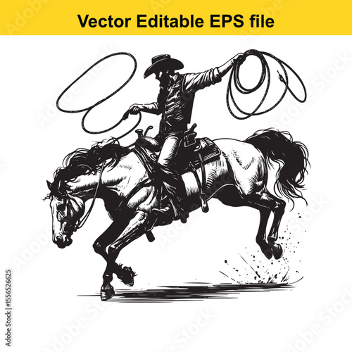 Black and White Silhouette of a Cowboy Riding a Leaping Horse with Lasso in Hand Artistic Rendering