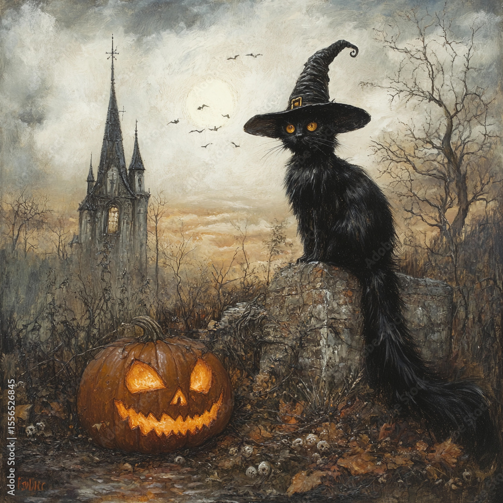 Fototapeta premium Spooky black cat wearing a witch hat beside a carved pumpkin at an eerie church in the autumn dusk