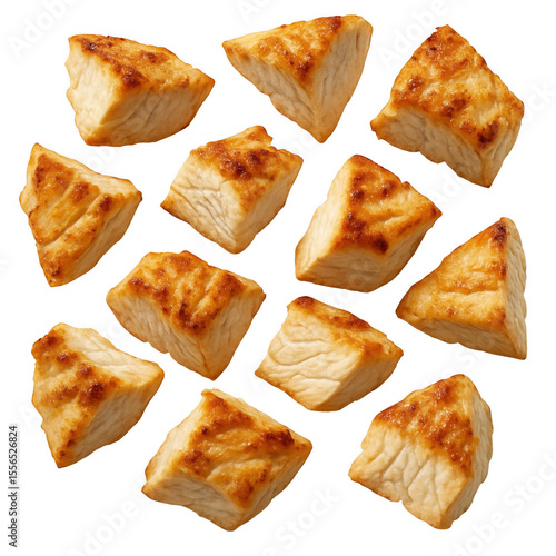 Delicious grilled chicken bites with golden brown edges isolated on transparent background