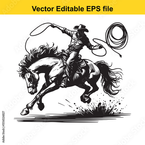 Black and White Silhouette of a Cowboy Riding a Leaping Horse with Lasso in Hand Artistic Rendering