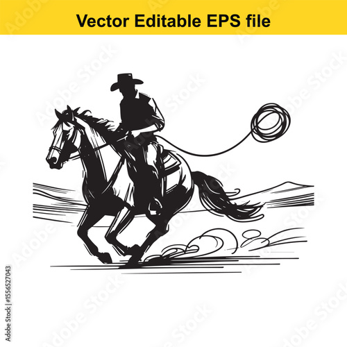 Black and White Silhouette of a Cowboy Riding a Leaping Horse with Lasso in Hand Artistic Rendering
