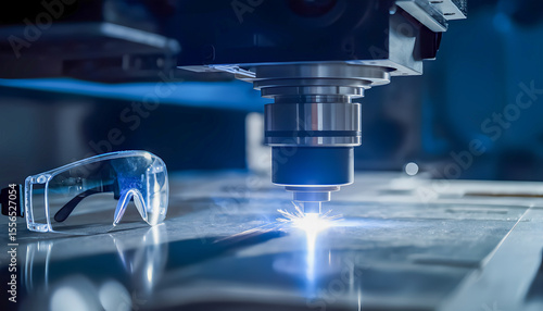 A close-up of a modern laser cutting or engraving machine showing the process. A bright blue laser beam is emitted from the nozzle, cutting into the metal surface and creating sparks and an intense gl