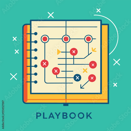 A colorful playbook diagram illustrating strategy tactics and teamwork with illustrative marked positions and strategy planning.