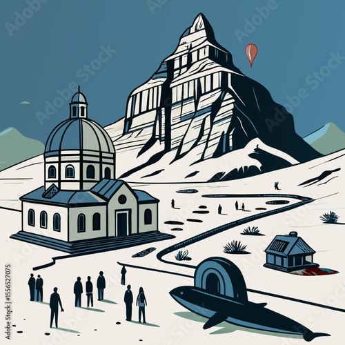 Surreal Mountain Landscape With Church And Whale