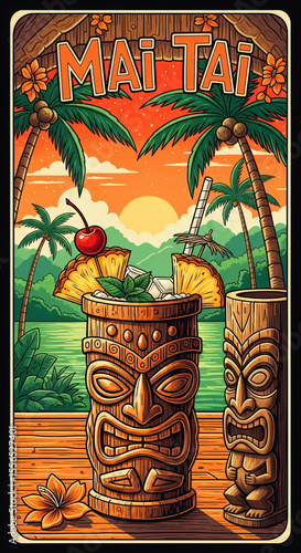 Mai Tai drink in a tiki mug with a scenic background. Vintage tropical vacation poster concept for holiday design.